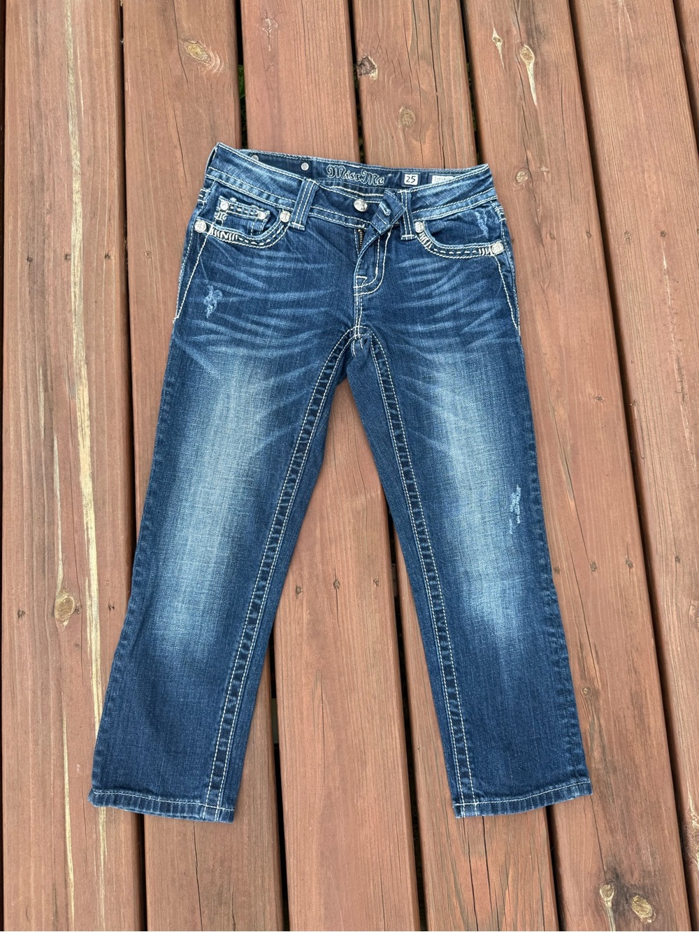 Miss Me Women's Blue Cropped Distressed Capri Jeans